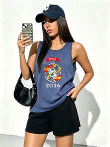 Summer Tops, Summer Clothes, 2026 Spain Soccer Team Flag Badge Print Women's Tank Top, Vintage Football Jersey, Game Day Fan Outfit - 藏蓝色 - 查看 2