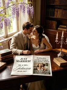 1pc Customized Newspaper Style Wedding Announcement Poster, Personalized Photo & Text Wedding Newspaper, Intimate Wedding Newspaper, Unique Couple Marriage Reveal, Modern, Bold, Fashionable Newspaper - Multicolor - View 9