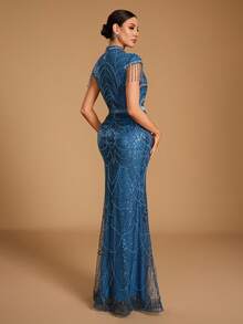 GIFORU Women's Elegant Heavy Beaded & Sequined Mermaid Evening Gown, Formal Evening Dress Fall Wedding Party - Dusty Blue - View 8