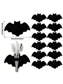 10/20PCS Halloween Black Bat Placemats, Cutlery Racks,Suitable For Various Occasions Such As Home, Kitchen, Hotel, Bar, Cafe, Restaurant, Etc., Perfect For Halloween, Holiday Parties, Adding Atmosphere To The Festive Season - View 2