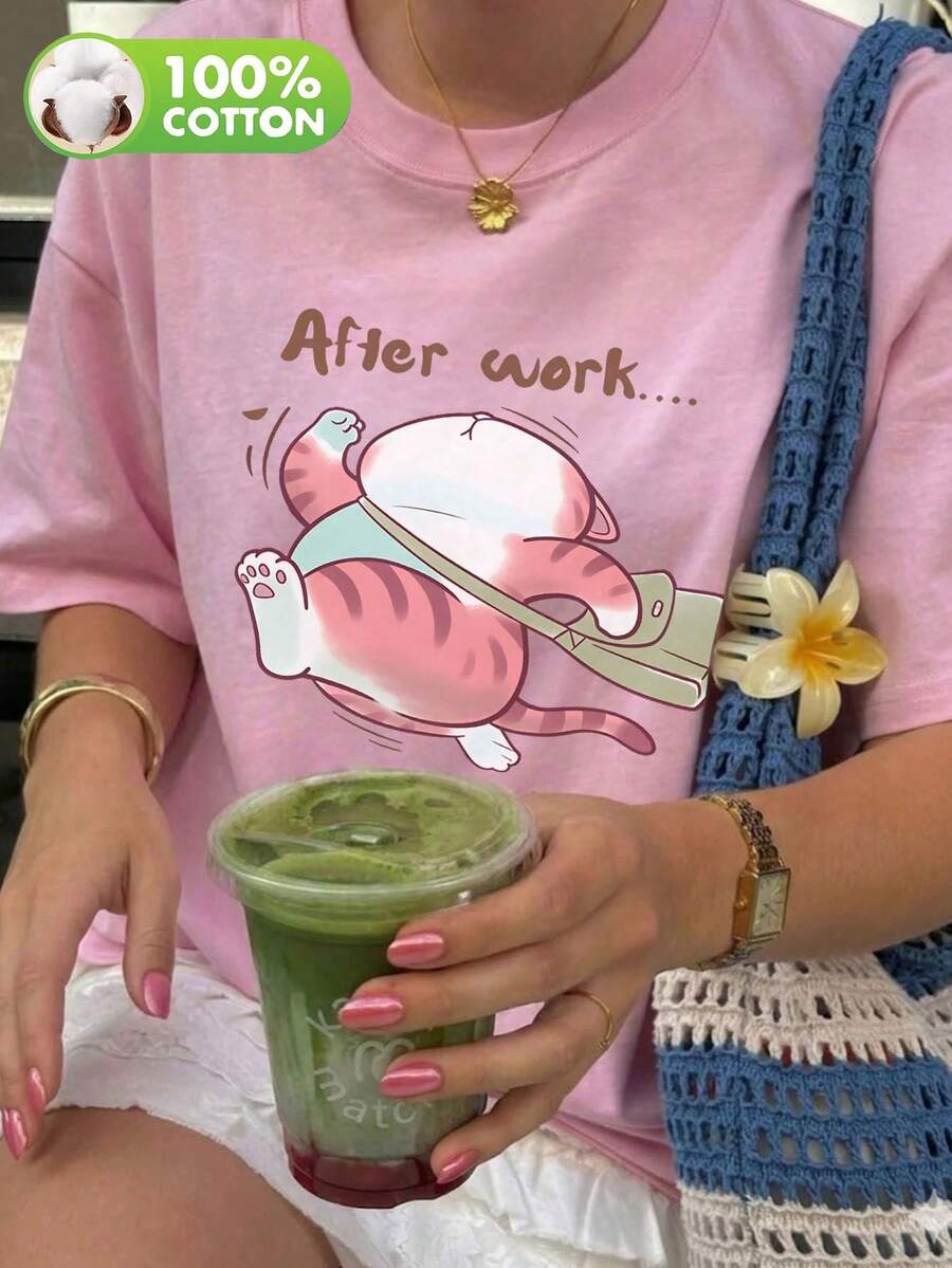 女款日常胖貓印花下班後穿搭圓領短袖休閒春/秋/夏T恤女裝上衣 - 粉色 - 查看 1