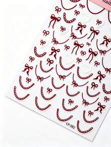 1 Stück Retro Sweet Coquette Flat Nail Art Sticker, gemischte große und kleine weinrote Nagelsticker mit Spitzenbogen, Schleife und Herzmotiv, selbstklebende Nageldekoration für elegante, lässige Braut-, Date- und Urlaubs-Nageldesigns, Cut-Out - Verschiedenfarbig - Übersicht 3