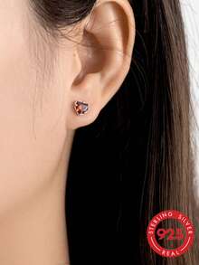 S925 Sterling Silver Red Heart-Shaped Cubic Zirconia Stud Earrings For Women, Minimalist Elegant Sweet Luxury Fashion Vintage - Silver - View 7