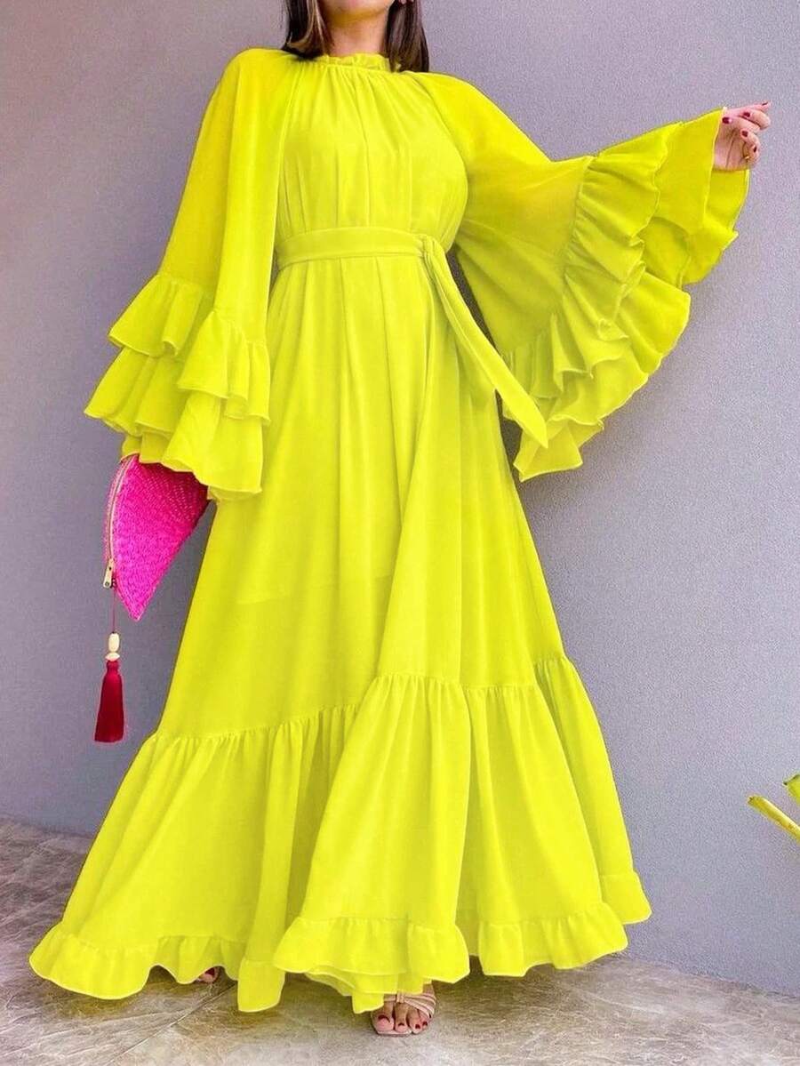 Women's Spring Summer Autumn Elegant Solid Color Long Sleeve Belted A-Line Romantic Casual Dress Yellow - Yellow - View 1