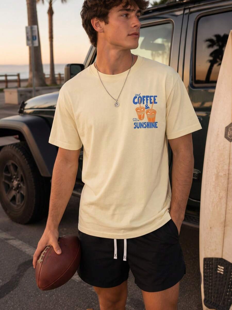 Conjunto casual de verano para hombre, camiseta gráfica de CAFÉ y pantalones cortos rectos de cintura elástica, ropa de casa, al aire libre, casual urbano, juvenil, minimalista, retro, versátil, de calidad, personalizado, deportivo - Multicolor - Ver 1