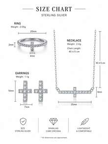 3Pcs S925 Silver Cross Moissanite Jewelry Set For Women, Pendant Necklace Earrings And Ring, Minimalist Layering Jewelry For Daily Wear & Gift For Her - Silver - View 9