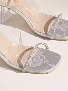 New Women's Beige Colorful Rhinestone Round Toe Open Toe Single Strap Combination Casual Slip-On Half-Back Fashion Comfortable Height-Increasing Thin Heel High Heel Sandals - Silver - View 6