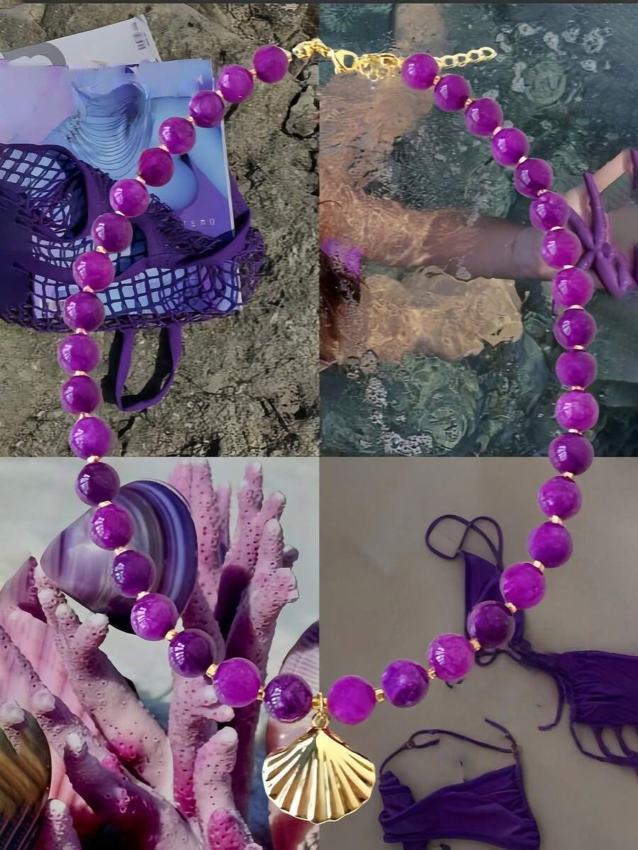 Bohemian 1pc Vintage French Elegant Fashion Hip-Hop Boho Vacation Style Bling Bling Colorful Beaded Purple Shell Conch Pendant Tassel Long Necklace Set Personalized Exaggerated Unique Y2K Multi-Piece Layered Y-Shaped Chain Collarbone Chain Sweater Chain Suitable For Women Summer Beach Vacation Party Evening Dinner Music Festival Date Gift Daily Wear All Season Versatile Jewelry - Purple - View 1