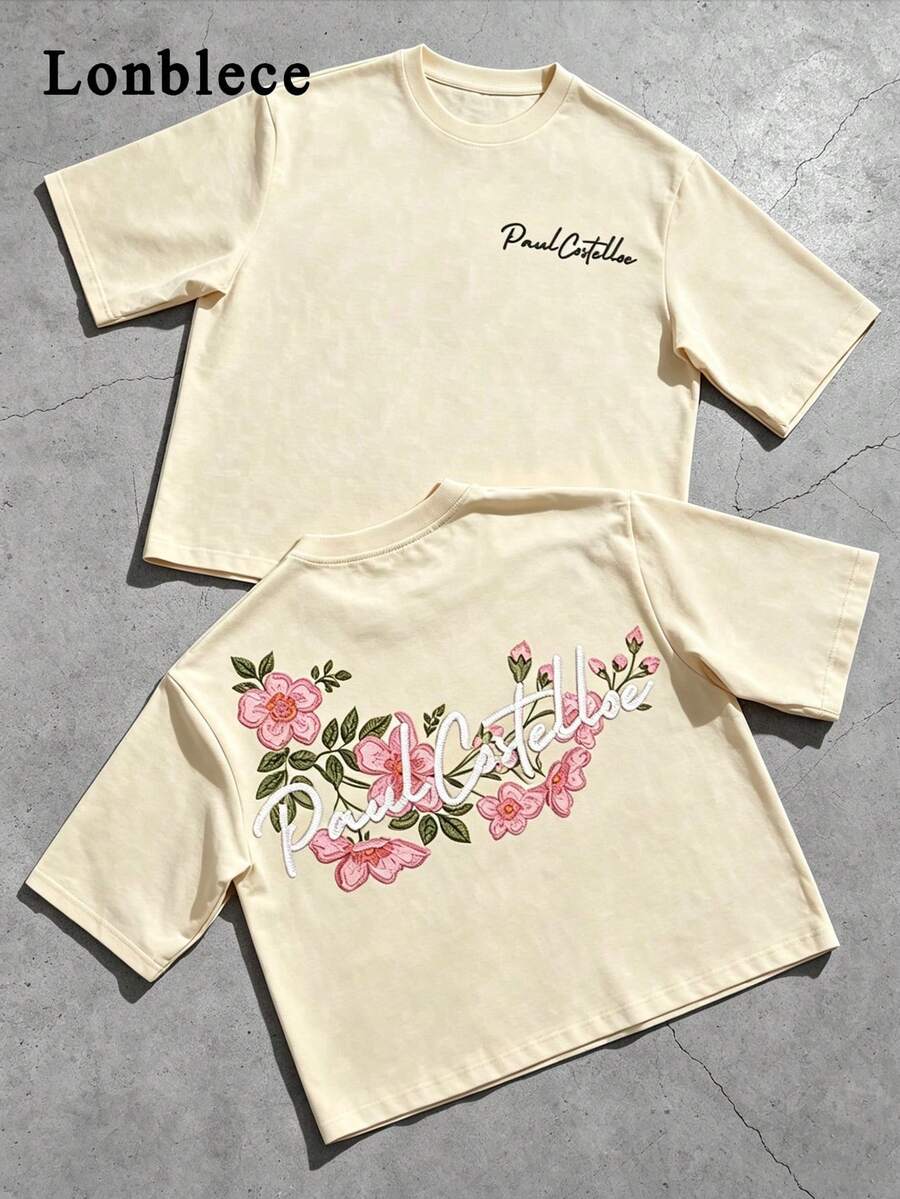 Lonblece Camiseta de manga corta con bordado y estampado anti-puñalada pintada a mano para hombres, adecuada para primavera y verano - Caqui - Ver 1