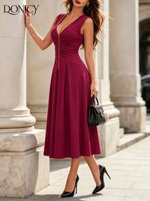 DONICY Vestido Midi Casual/para Encontro Ajustado com Zíper na Frente e Decote em V, Plissado, na Cor Bordô - Vinho - Visão 7