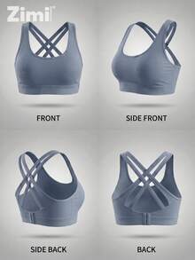 Zimi Collection 大尺碼高支撐無鋼圈運動內衣，可調節排扣式扣合，適合健身房、瑜伽 - 霧霾藍 - 查看 8