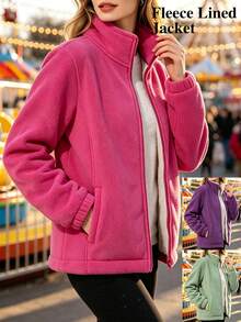 Solid Color Stand Collar Thermal Jacket Women Double-Sided Thickened Lamb Thermal Lining Outdoor Hiking Warm Inner Layer - Hot Pink - View 2