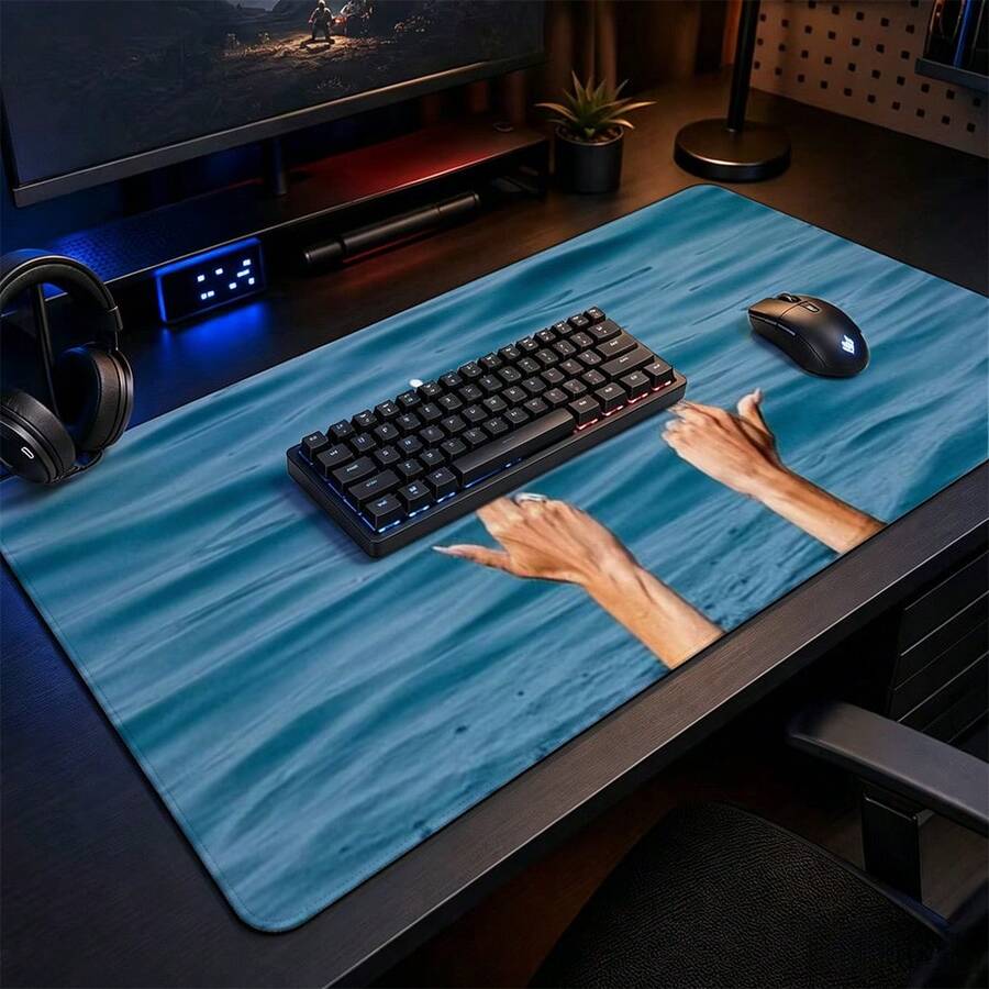 Summer Blue Water Ripple Double Finger Pointing To June 2026 Large Mouse Pad, Non-Slip Stitched Edge Gaming Desk Mat, Ins Style Aesthetic Thick Keyboard Pad, Suitable For Computer Office Gaming - View 1