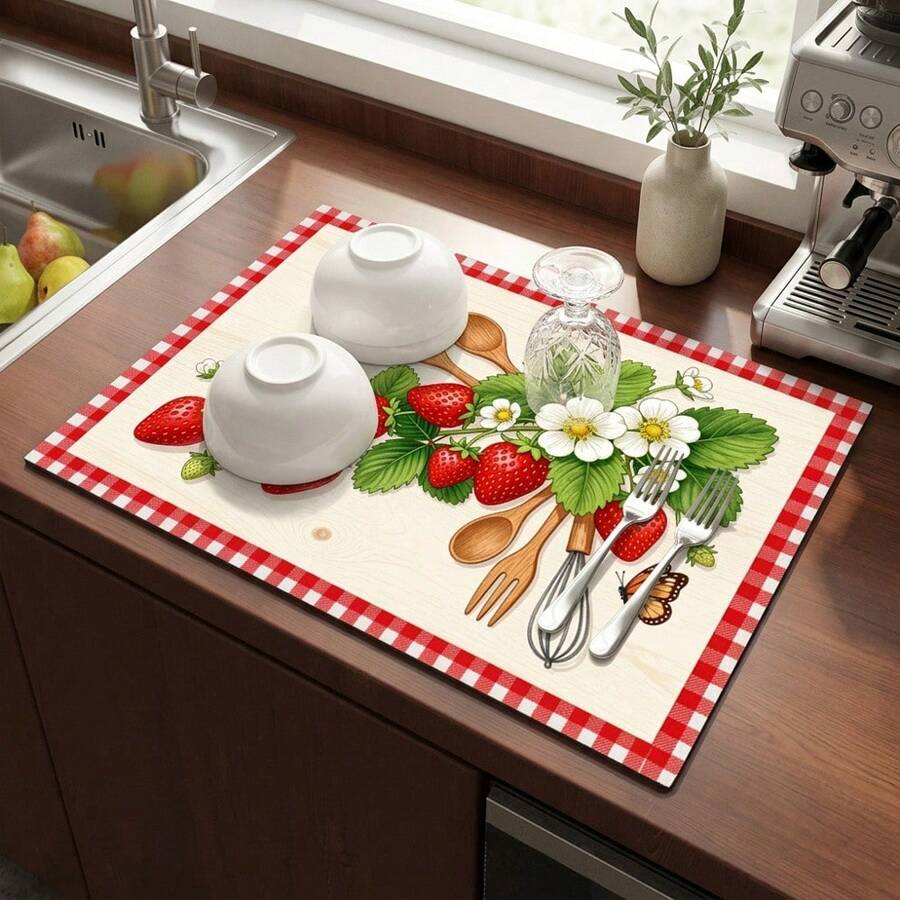 1pc Dish Drying Mat, Coffee Machine Mat, Pastoral Strawberry Floral Pattern With Wood Grain Background, Red And White Plaid Border, Butterfly Decoration, Multi-Purpose Drainage Mat, Home Gift, Tabletop Decor