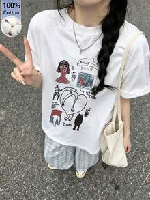 女士宽松圆领短袖字母花卉印花T恤，春夏休闲白色 - 白色 - 查看 2
