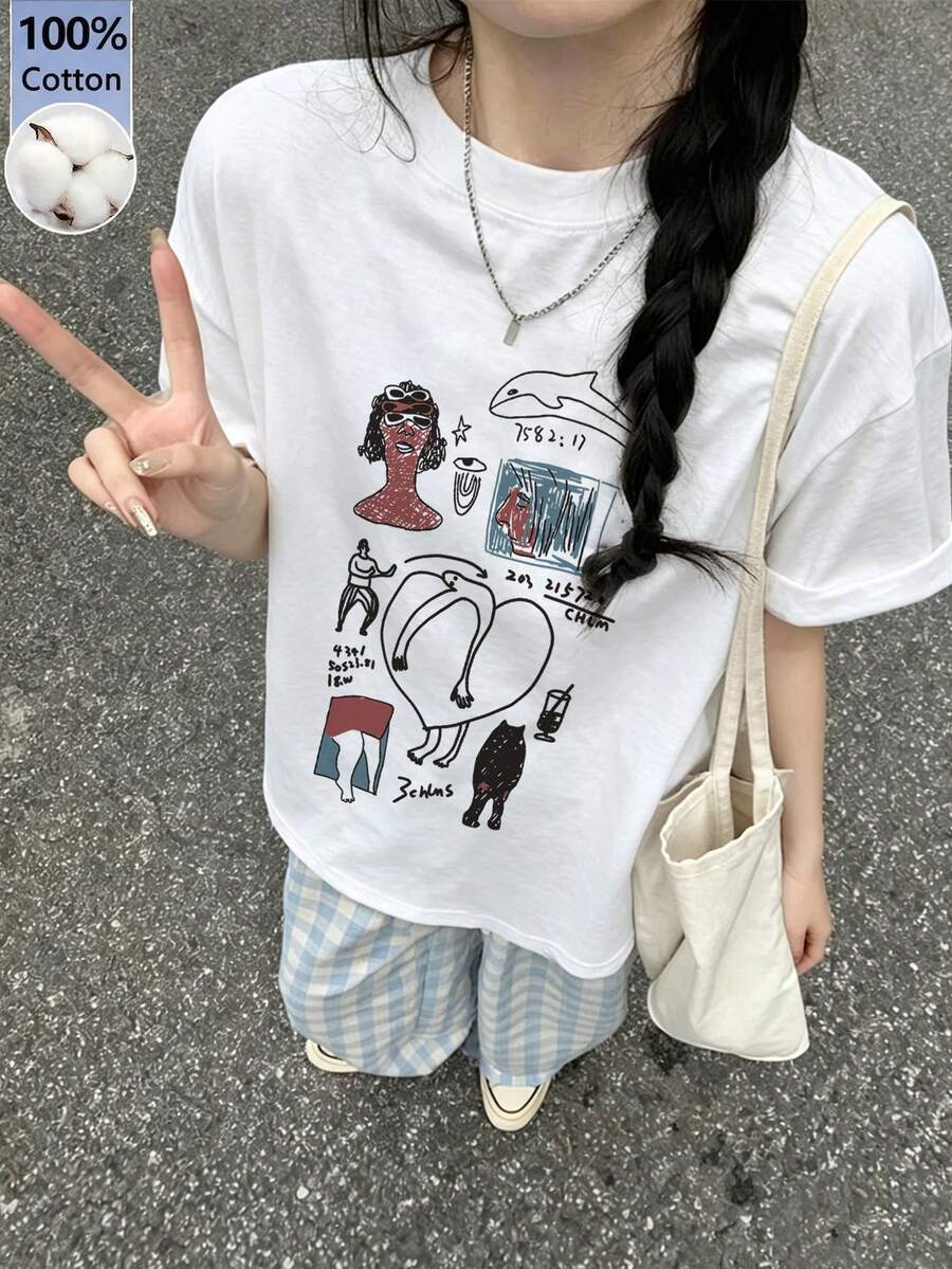 Women's Loose Fit Round Neck Short Sleeve Letter & Floral Print T-Shirt, Spring/Summer Casual White - White - View 1