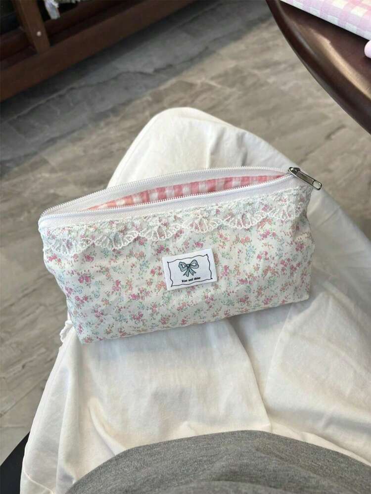 1個粉色蕾絲花卉鉛筆袋（不含心形鑰匙圈），獨特大容量文具收納袋，學生文具，開學禮物，適合學生交換 - 多色 - 查看 3
