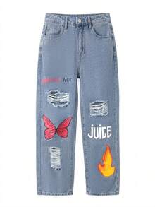 Jeans de cintura media con estampado y efecto desgastado, estilo callejero americano joven, casual - Lavado ligero - Ver 4