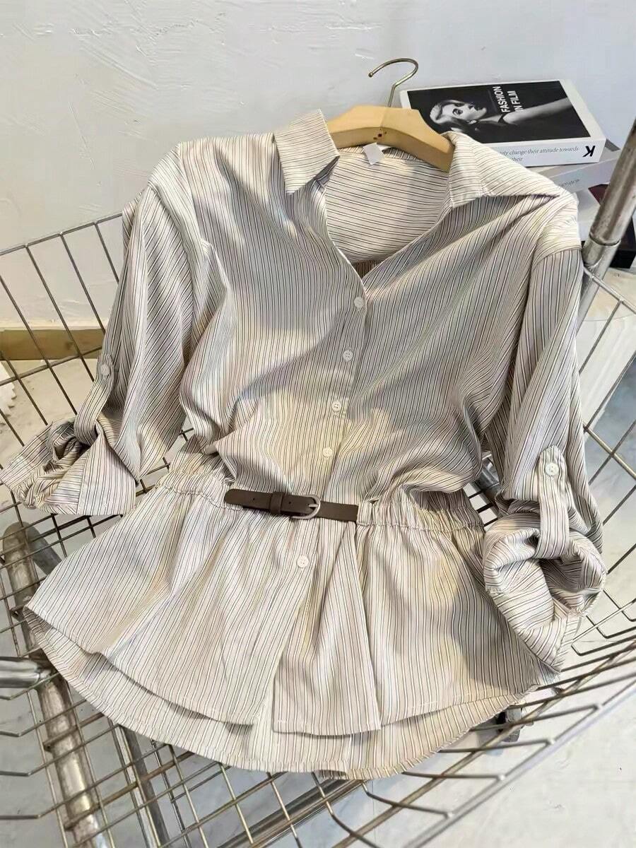 Women's Fashion Striped Long Sleeve Button-Up Shirt With Waist Tie, Made Of Non-Stretch Polyester Fabric, Perfect Autumn Fashion Top - Apricot - View 1