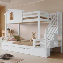 Bunk Bed, Children's Bed, Two Drawers With Casters, Exquisite Beautiful Windows, Corner Ladder Wardrobe - White - View 5