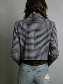 Women's Houndstooth Check Woven Fabric Blazer With Lapel Collar And Long Regular Sleeves, Perfect For Fall Fashion - Dark Grey - View 3