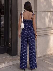 Polka Dot Leinen Weite Beine Zweiteiler Set Quadratischer Ausschnitt Camisole Top + Lange Hose Italienischer Sommer Strand Urlaubsstil Geeignet für Brunch, Date Night, Ausflug - marineblau - Übersicht 6