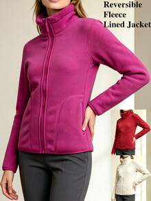 Women's Reversible Stand Collar Fleece Jacket, 2-In-1 Wear, Thick Lambswool Lining, Warm Inner Layer - Hot Pink - View 3