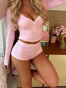 2件組女款V領長袖上衣＋鬆緊腰短褲睡衣家居服套裝 - 粉色 - 查看 3