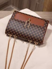 Elegante bolso cruzado de hombro con cadena de cuero PU acolchado para mujer, bolso mensajero minimalista de lujo para llevar bajo el brazo, estampado a cuadros, forro de poliéster, lavable - Marrón - Ver 3