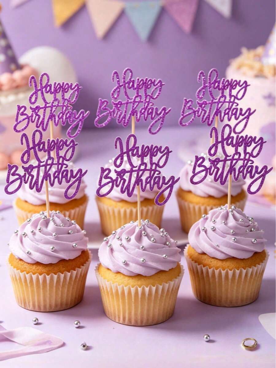6/24 piezas Adornos para cupcakes con purpurina morada Feliz Cumpleaños, palillos para cupcakes morados, decoraciones para pasteles de fiesta de cumpleaños, adecuados para fiesta temática de celebración de aniversario, cumpleaños, fiesta de bienvenida, fiesta temática morada - Púrpura - Ver 1