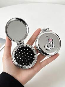 1pc Foldable Air Cushion Massage Comb, Round Electroplated Silver With Personalized Letter A-Z, Pink Bow, Star Pattern, Compact Portable Pocket Comb For Women's Hair Styling, Suitable As A Gift - Silver - View 21