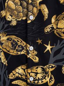 Men's Casual Turtle Print Vacation Shirt - Black and Gold - View 4