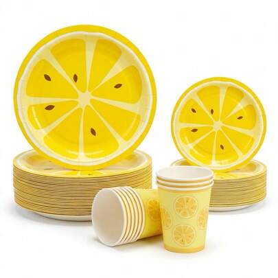 10/20/30/60pcs, Yellow Grapefruit Slice Disposable Tableware Kit, Citrus Fruit Print 7inch & 9incg Paper Plates & 9oz Cups,Yellow Lemon Design Gold Foil Dessert Plates For Summer Tropical BabyShower Pool Birthday Brunch Party Decor Supplies