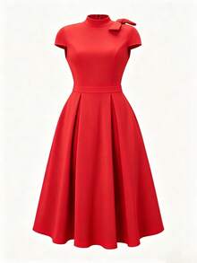 NOU Elegant Lady Style Bow Tie Small Stand Collar Cap Sleeve Short Sleeve A-Line Waist-Defining Mid-Length Dress For Women, Flattering Proportion, - Red - View 6