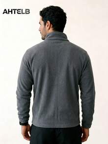 AHTELB Men's Warm Fleece Jacket, Fashionable Versatile Colorblock Patchwork Stand Collar Zipper Pocket Coat, Autumn - Grey - View 2