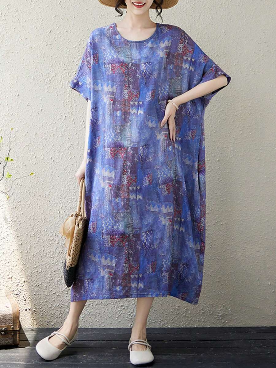 Tops 2026 女款大尺碼紫色印花復古波希米亞風中長洋裝,適合作為媽媽度假出遊穿著,優雅大方 - 紫色 - 查看 1