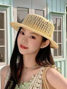 1件女款波希米亞時尚鏤空鉤編聚酯纖維草帽，英式風格腰帶扣設計，透氣度假遮陽帽，適合日常戶外使用（帽圍約22.4英吋/57公分） - 彩色 - 查看 19