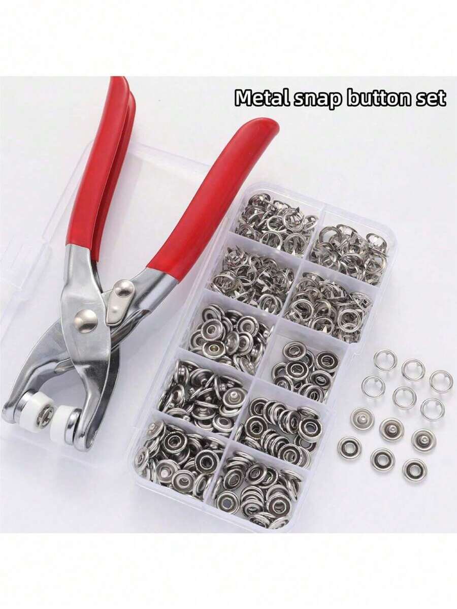 DIY金屬按扣套組附夾鉗,適用縫製與手工藝品 (9.5mm),可用於衣物、背包、連身褲、縫紉與手工藝,免縫按扣手壓夾鉗,多功能隱形公母扣,隱藏式按扣 - 銀色 - 查看 1