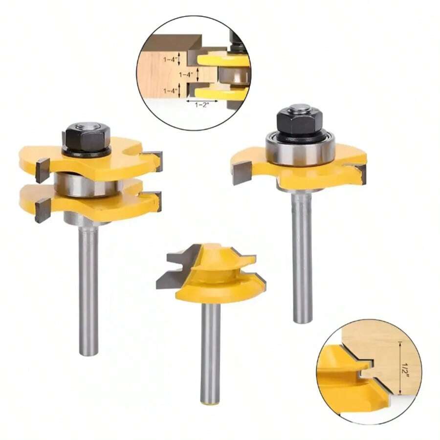 3pcs 45° Router Bits 3-Flute T-Shank 1/4" - A - View 1