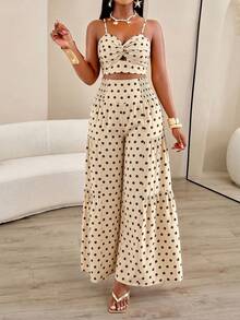 AIJ Women's Summer Vacation Knot Halter Top + Ruched Wide Leg Pants 2 Pieces Set Elegant - Apricot-colored Coffee Shop - View 5