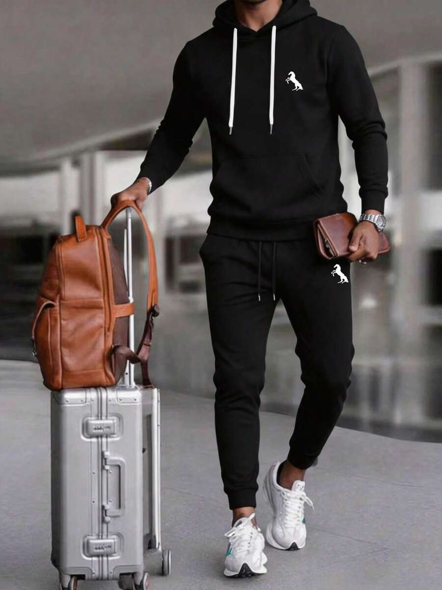 Men's Autumn Sports Casual Hooded Sweatshirt And Jogger Pants Set For Outdoor, Fitness, Daily Commute - Black - View 1