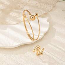 1 Set Luxurious Fashion Exaggerated Creative Design Multi-Layer Twisted Rope Beaded Bracelet + Ring Jewelry Set - Style B, Double-lined Gold - View 3