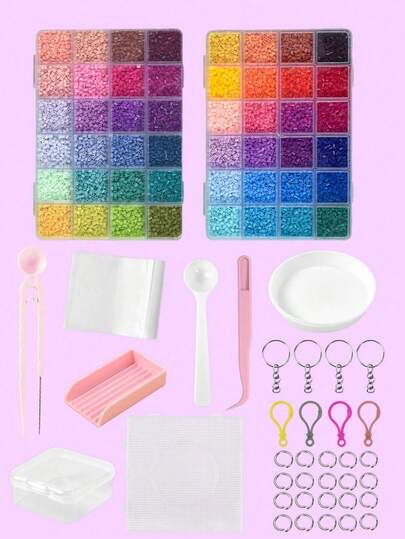 24色Perler珠子套組(2.6mm)，DIY手工Perler珠子套組，包含掛繩、鑰匙圈、正方形底板、收納盒、鑷子，3D像素藝術手工珠子、3D拼圖，適用於DIY像素藝術、手工裝飾和創意項目，手工禮物、生日禮物、學校手工活動