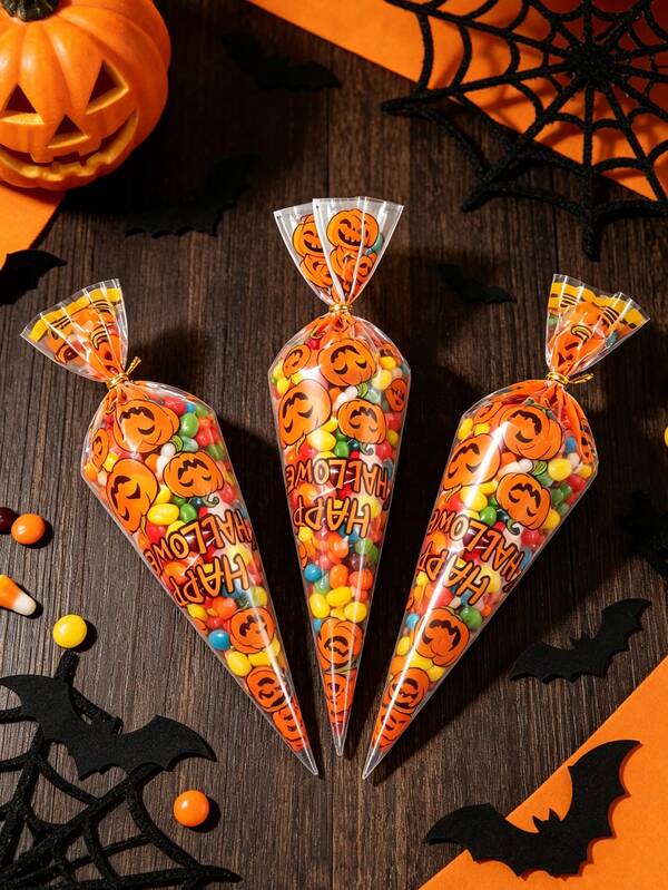 200 piezas Bolsas de regalo con estampado de calabaza de Halloween, bolsas de embalaje transparentes personalizadas en forma de triángulo con lazo retorcido, decoraciones para fiestas de Halloween, accesorios fotográficos, adecuadas para decoración de fiestas de Halloween, dulces, ropa, decoraciones con tema de casa embrujada, recuerdos de fiesta, regalos festivos