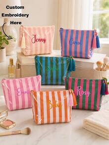 Personalized Striped Makeup Bag With Tassel, Portable Cosmetic Pouch For Travel, Makeup, Toiletries & Daily Beauty Storage, Gift For Girl - Multicolor - View 2