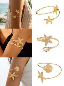3pcs/1pc Beach Vacation Starfish Shell Open Cuff Bracelet, Vintage Pearl Metal Arm Bangle, European And American Style Versatile Arm Accessory - Gold - View 5