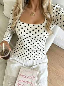 Happyevery Women's Autumn/Winter Minimalist Commute Outfit Contrast Color Polka Dot Print Pullover T-Shirt, Suitable For Back To School, Teacher's Day, Office Commute, Daily Casual, Everyday Wear, Beach Vacation, Beach, Holiday, Birthday Party - White - View 6