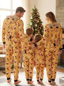 Family Matching Christmas Jumpsuits Pajamas Letter/Santa/Tree/Print Hooded Long Sleeve Playsuits Autumn Zipper Long Rompers - Yellow Kid - View 2