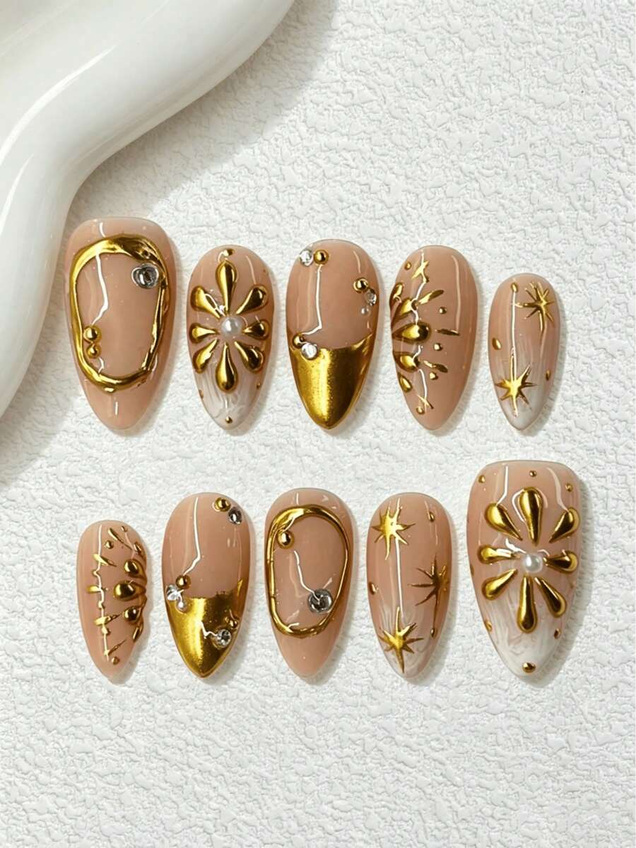 10片法式裸色镀金美甲贴纸,手工制作中号杏仁形星光亮片金箔美甲贴纸,奢华亚克力美甲贴花,Y2K全息DIY美甲贴纸套装,3D立体效果,全覆盖经典款式,可重复使用,适用于美甲沙龙、女孩和女士日常美甲、节日派对和礼物,美甲套装,美甲用品,美甲艺术,简约时尚,提升您的造型! - 彩色 - 查看 1