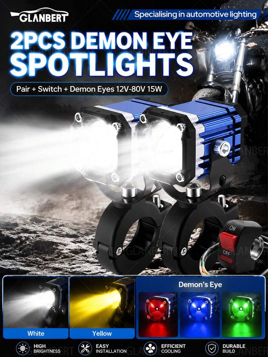 GLANBERT 12-80V 摩托車輔助頭燈 LED 聚光燈，額外聚光燈，通用於電動摩托車/自行車